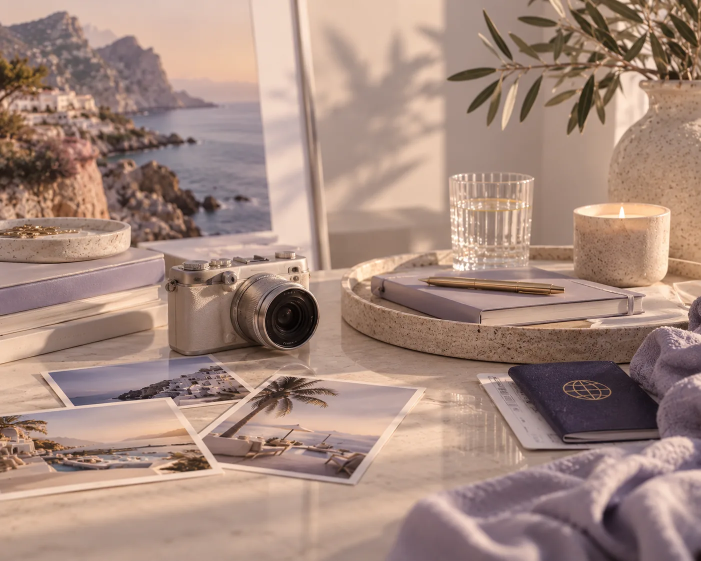 Schreibtisch mit Kamera, Reisefotos, Reisepass und Notizbuch, im Hintergrund ein Bild einer Felsküste