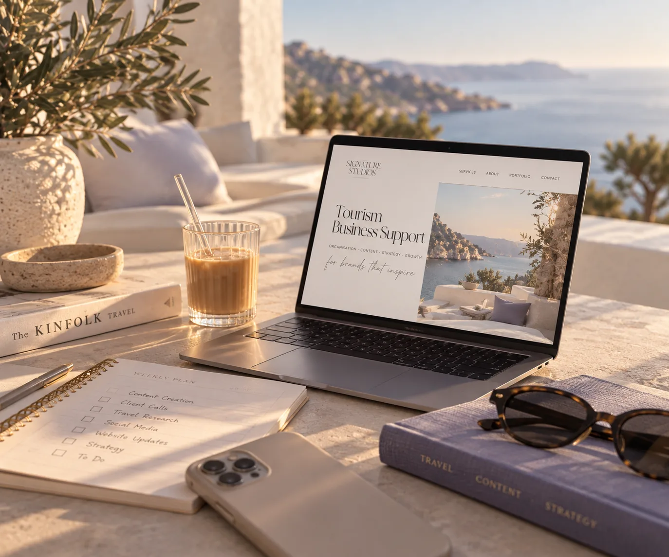 Laptop mit der Aufschrift Tourism Business Support auf einer sonnigen Terrasse am Meer, daneben Notizbuch mit Aufgabenliste, Eiskaffee und Sonnenbrille