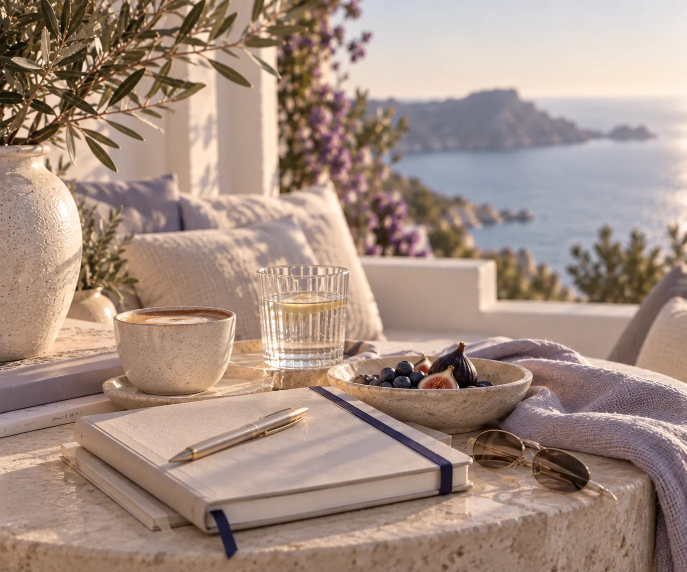 Notizbuch mit Stift, Kaffee, Wasserglas und eine Schale Feigen auf einem Steintisch mit Blick aufs Meer
